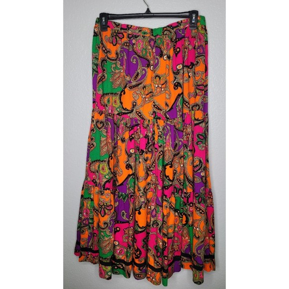Vintage 1970's‎ Neon Paisley Knee Length Skirt Size Large Hippie Boho Festival - Picture 6 of 11